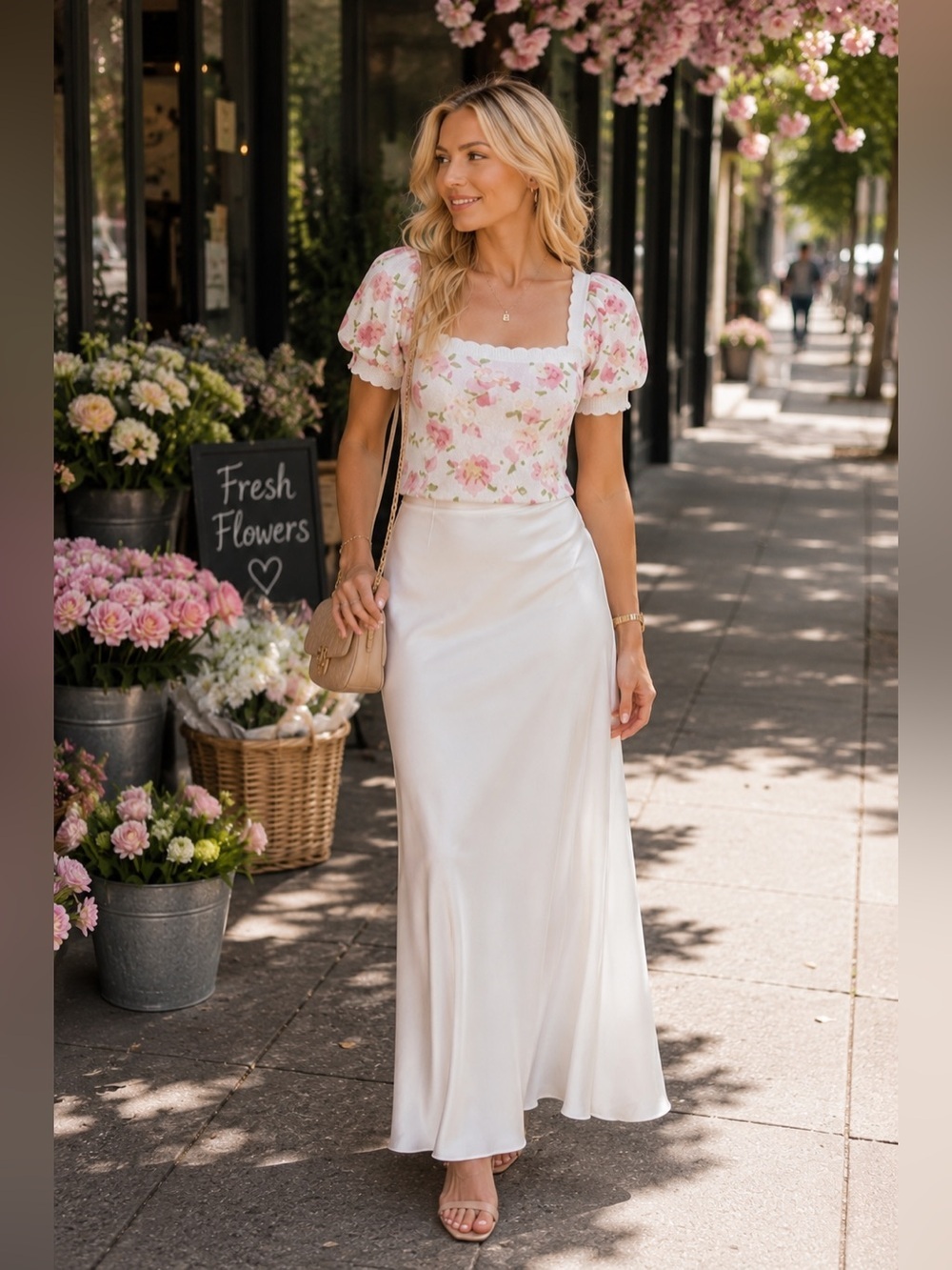 Floral Puff-Sleeve Square Neck  Cropped Top